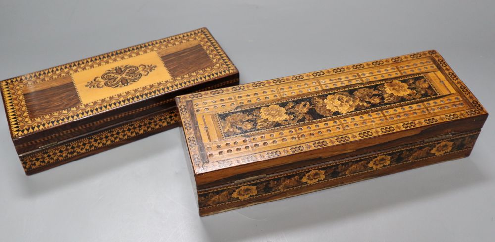 A Tunbridge Ware games box, with cribbage top, two cribbage boards and a playing card box